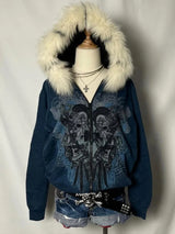 Vintage Y2K Hoodie mit Totenkopf-Print und Reißverschluss für Damen | Subkulturelle Ästhetik Kapuzen-Cardigan-Mantel | Herbst Winter Sweatshirt