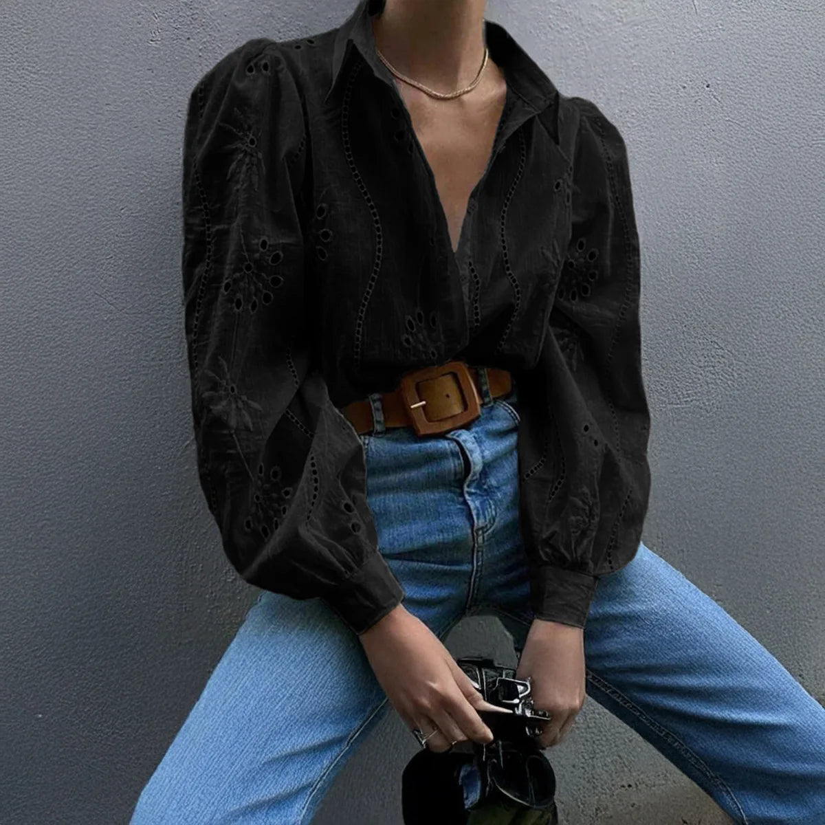 Women’s Hollow-Out Puff Sleeve Blouse – Casual Loose Solid Shirt
