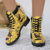 Damenbedruckte Schnürstiefeletten – Retro Runde Zehen Vintage Blumen Niedriger Absatz Chelsea Boots