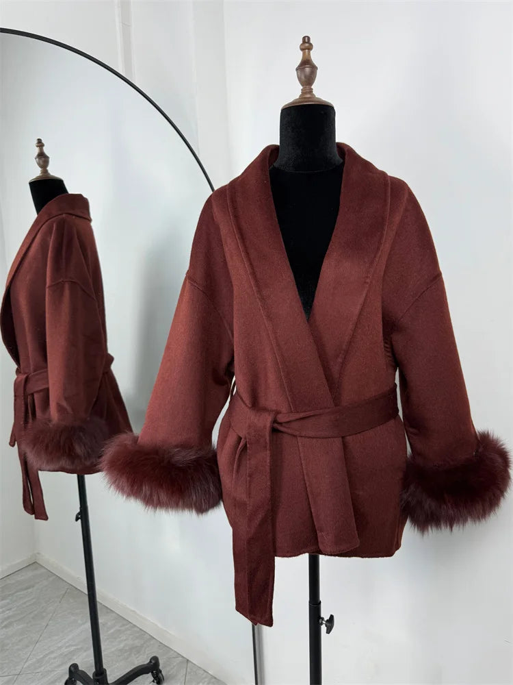 Luxuriöser Fuchsfell-Woll-Wintermantel für Damen – Eleganter doppelseitiger Wollmantel für Frauen,
