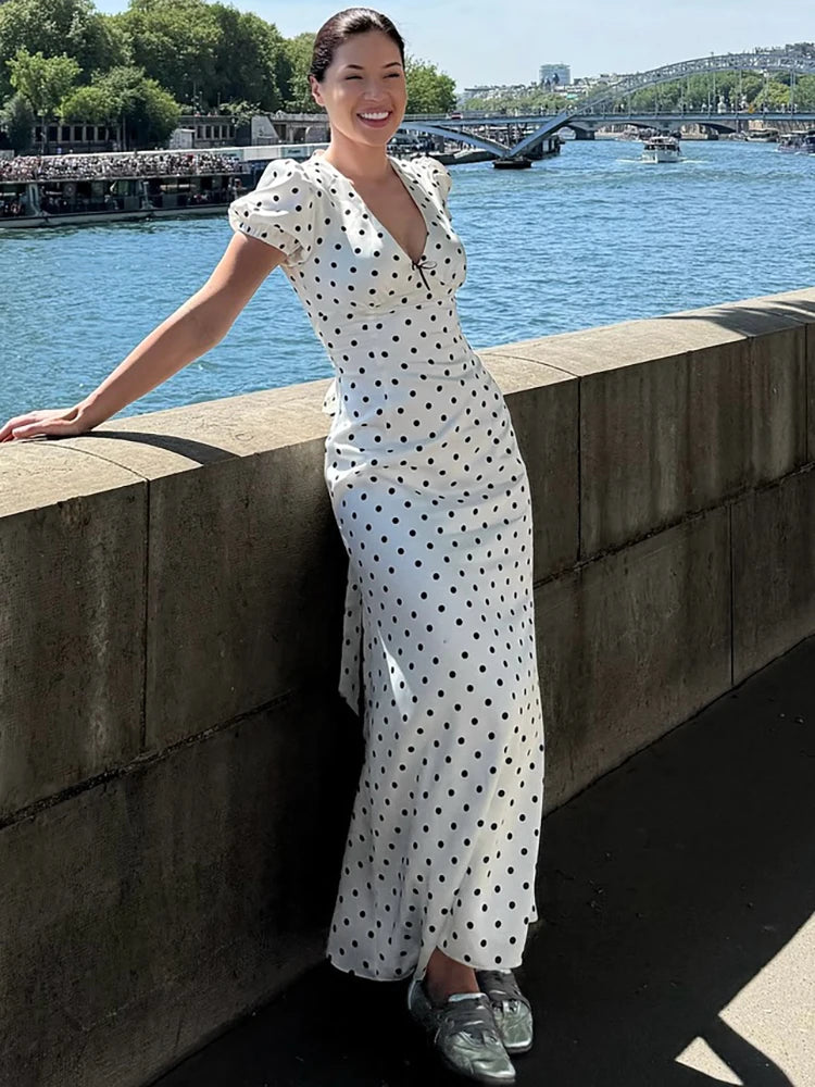 Women’s Sexy White Polka Dot Maxi Dress – Deep V-Neck Short Sleeve Lace Up Dress