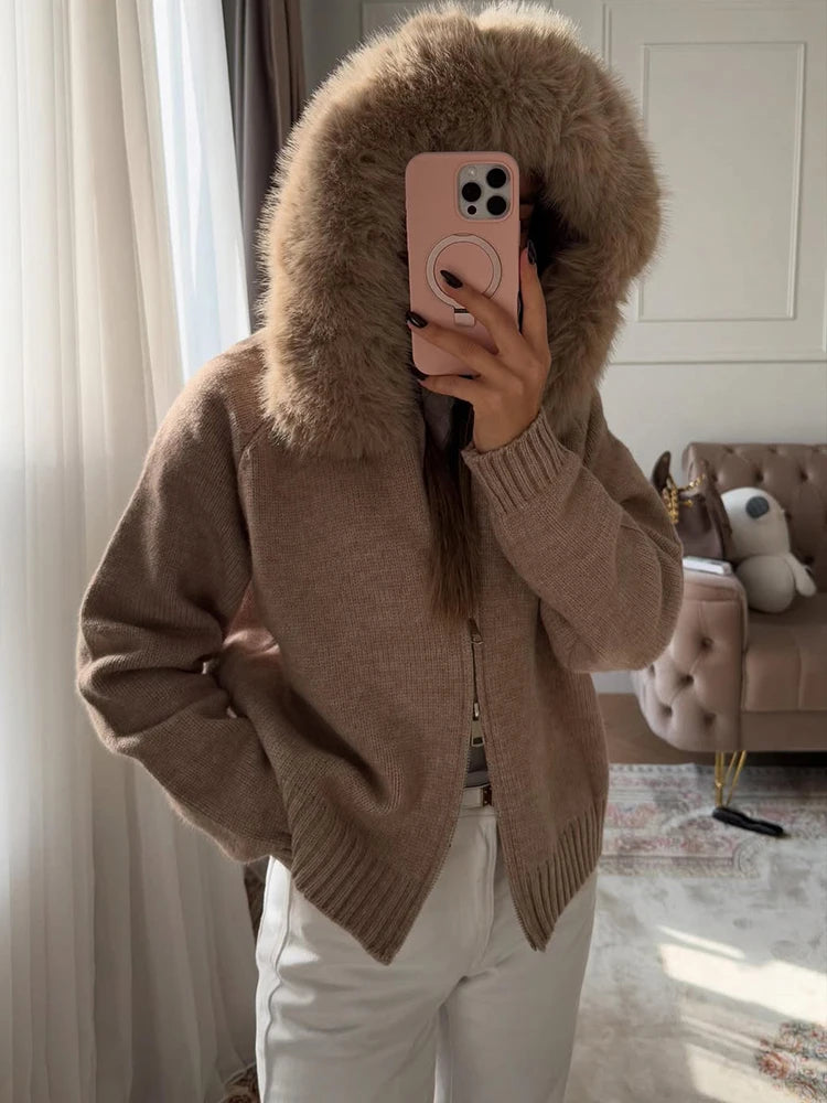 Women’s Winter Fluffy Hoodie Cardigan – Zipper Patchwork Knit Jacket