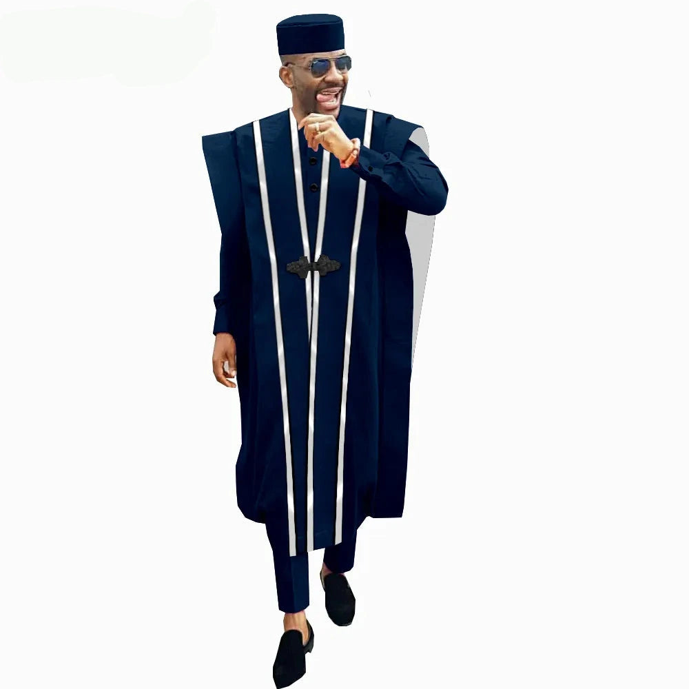 Men’s 4-Piece African Agbada Set | Grand Robe, Dashiki Shirt, Ankara Pants & Tribal Hat