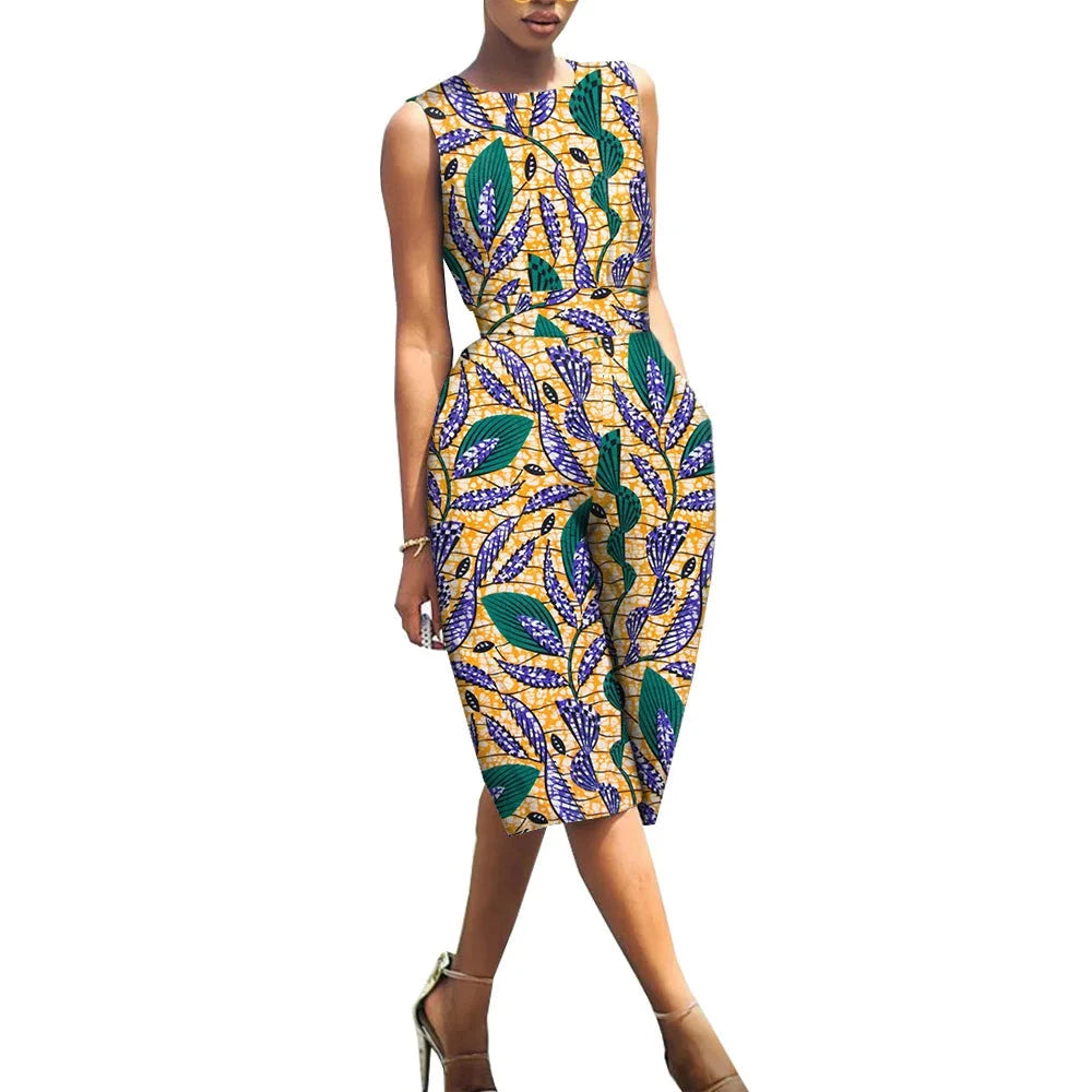 African Print Jumpsuit for Women | Sleeveless Bazin Riche Knee-Length Romper