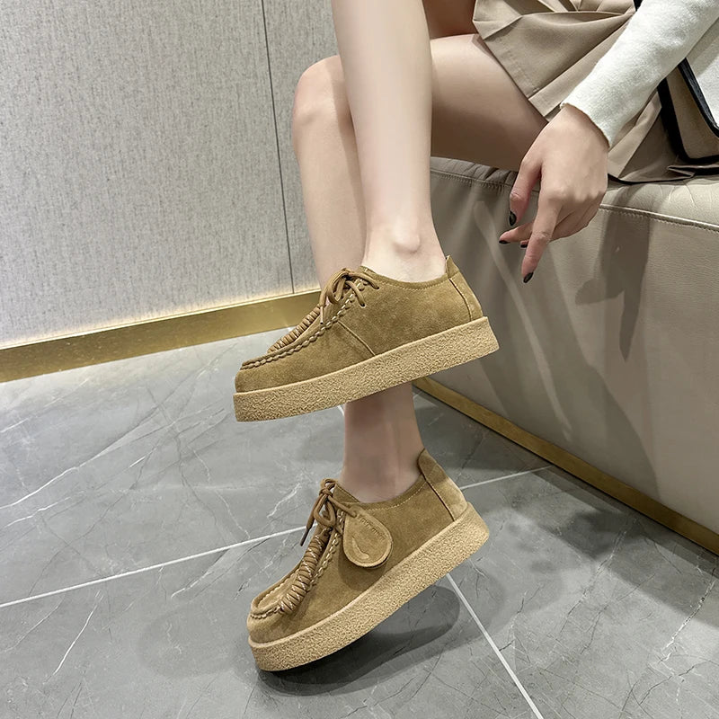 Women’s Genuine Leather Suede Loafers – British Style Lace-Up Oxford Shoes