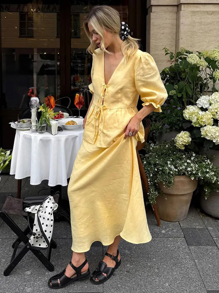 Women’s V-Neck Lace-Up Short Sleeve Crop Top & Slim High Waist Long Skirt Set