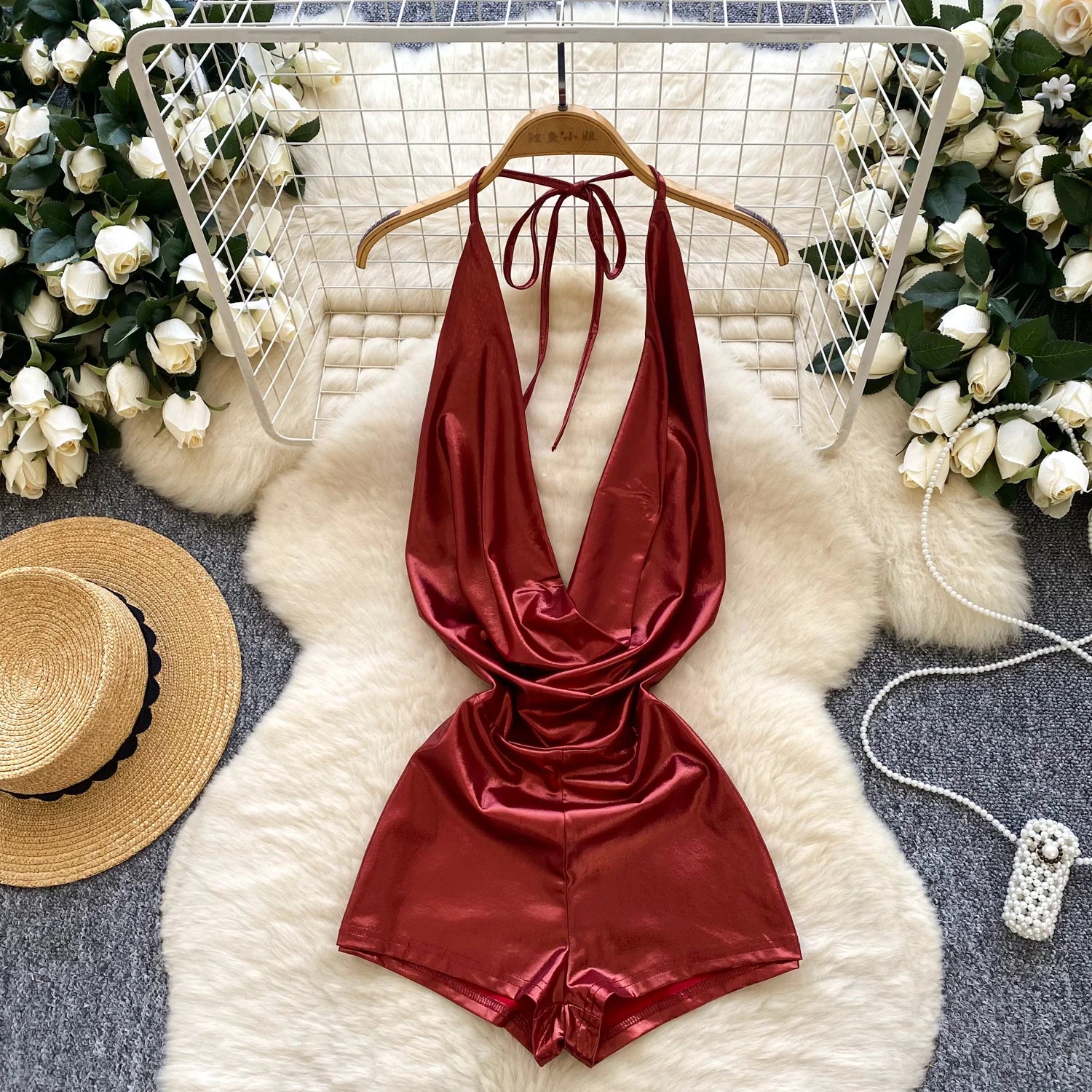 Chic Halter Swing Collar Jumpsuit Vintage High Waist Slim Romper for Spring/Summer