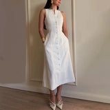 Women’s Elegant Sleeveless Long Dress – Slim Fit Solid O-Neck Maxi
