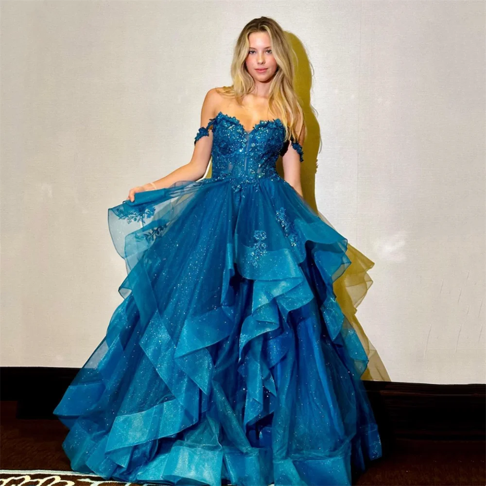 Glitzer-Spitzenstickerei-Ballkleid | Blaues Tüll-Rüschen-Abendkleid