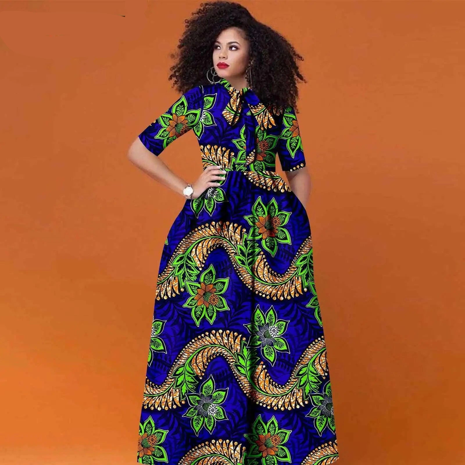 Afrikanisches Ankara Maxikleid für Damen | Halbarm High Waist Kleid mit traditionellem Print