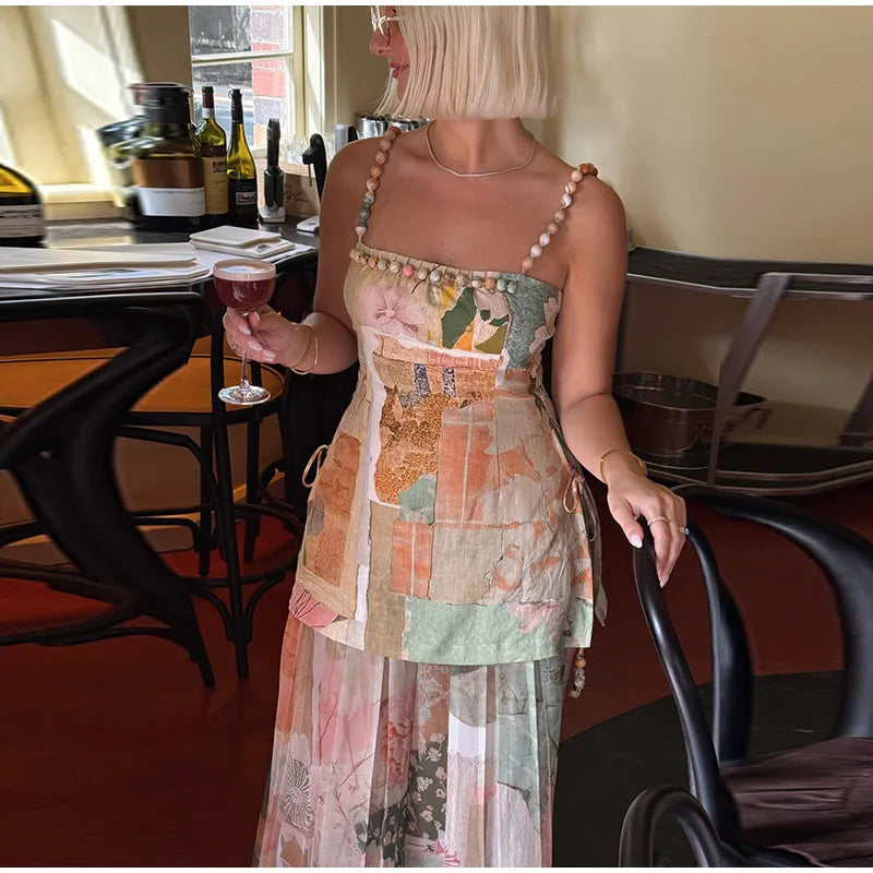 Women’s Printed Ruffle Square Neck Lace-Up Vacation Dress