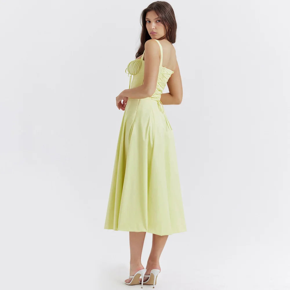 Women's Elegant Yellow Lace-Up Midi Dress