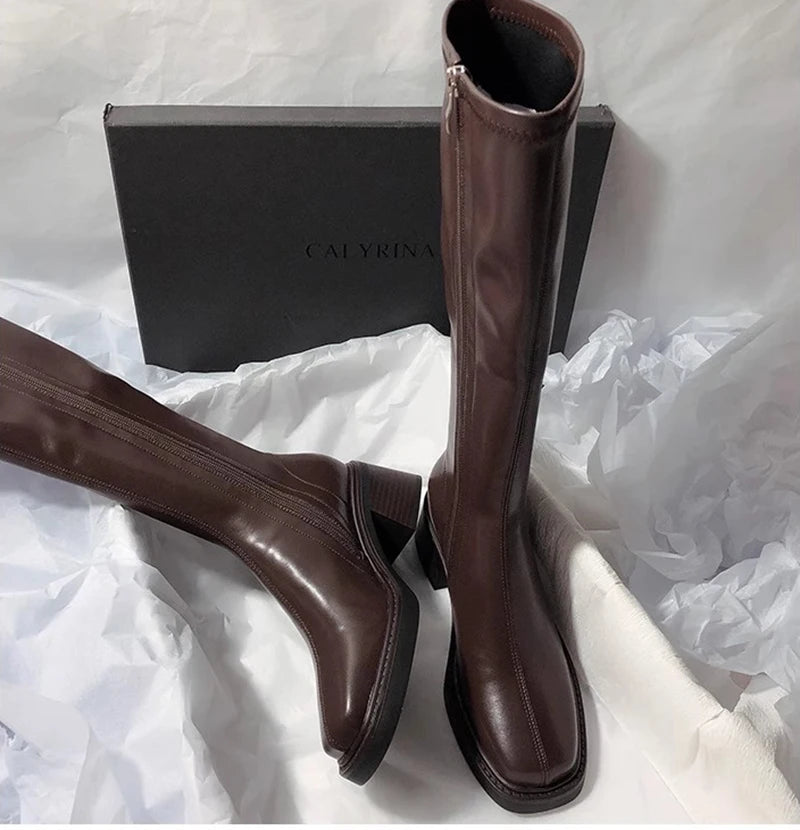 Women Vintage Knee-High Block Heel Boots with Side Zipper