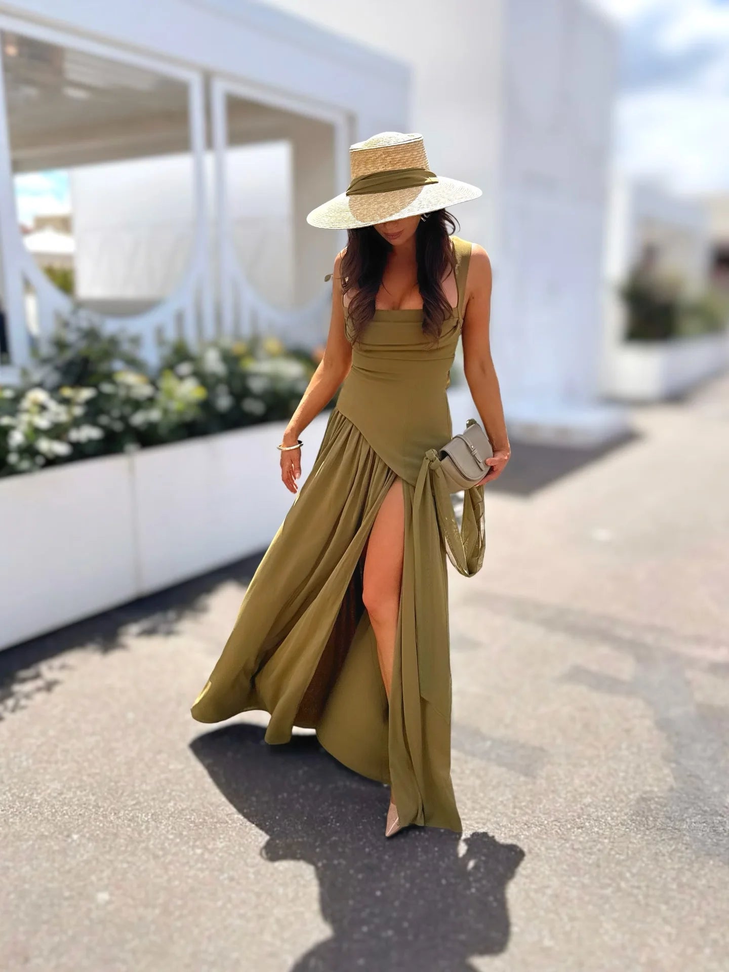 Elegant Green Evening Dress with Scarf – Lace-Up Back High Slit Maxi