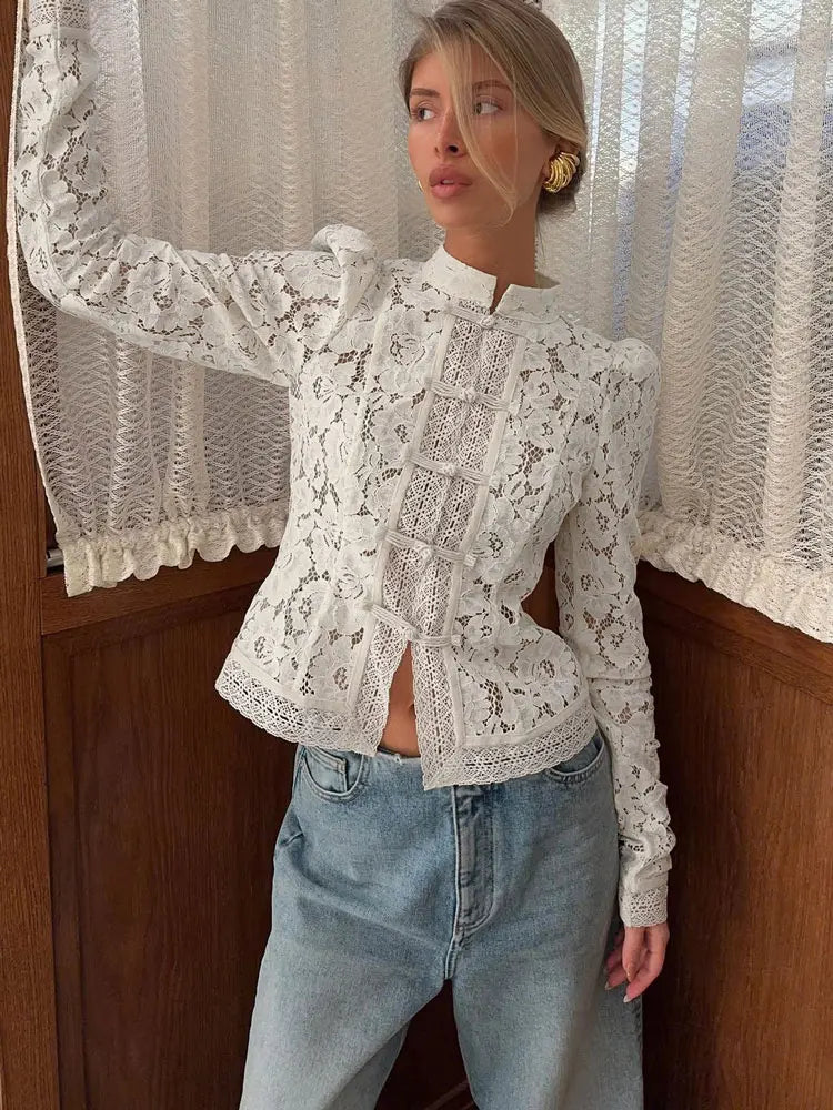 Elegant Printed Lace Hollow Out Commute Top– Women’s Vintage See-Through Summer Shirt