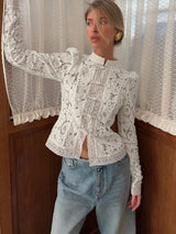 Elegant Printed Lace Hollow Out Commute Top– Women’s Vintage See-Through Summer Shirt