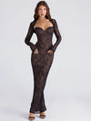 Damen sexy schwarzes Spitzenkleid mit langen Ärmeln – Abendkleid & Partykleid mit tiefem Brustbereich und Blumenmuster