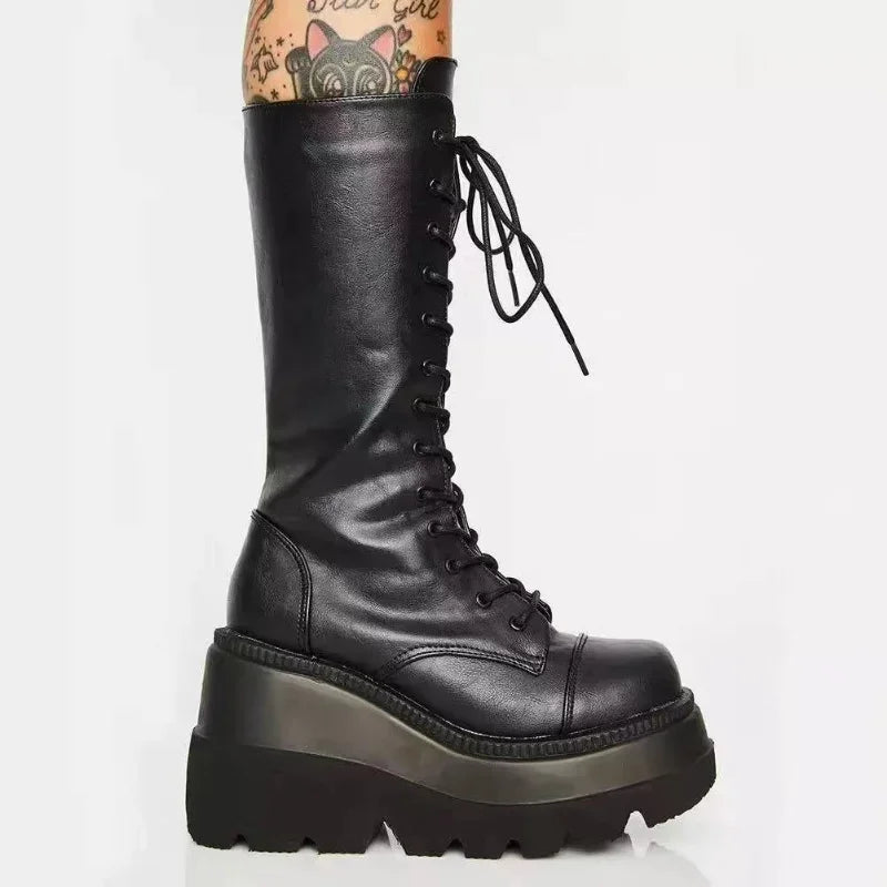 Women’s Black Gothic Platform Mid-Calf Flat Combat Motorcycle Boots