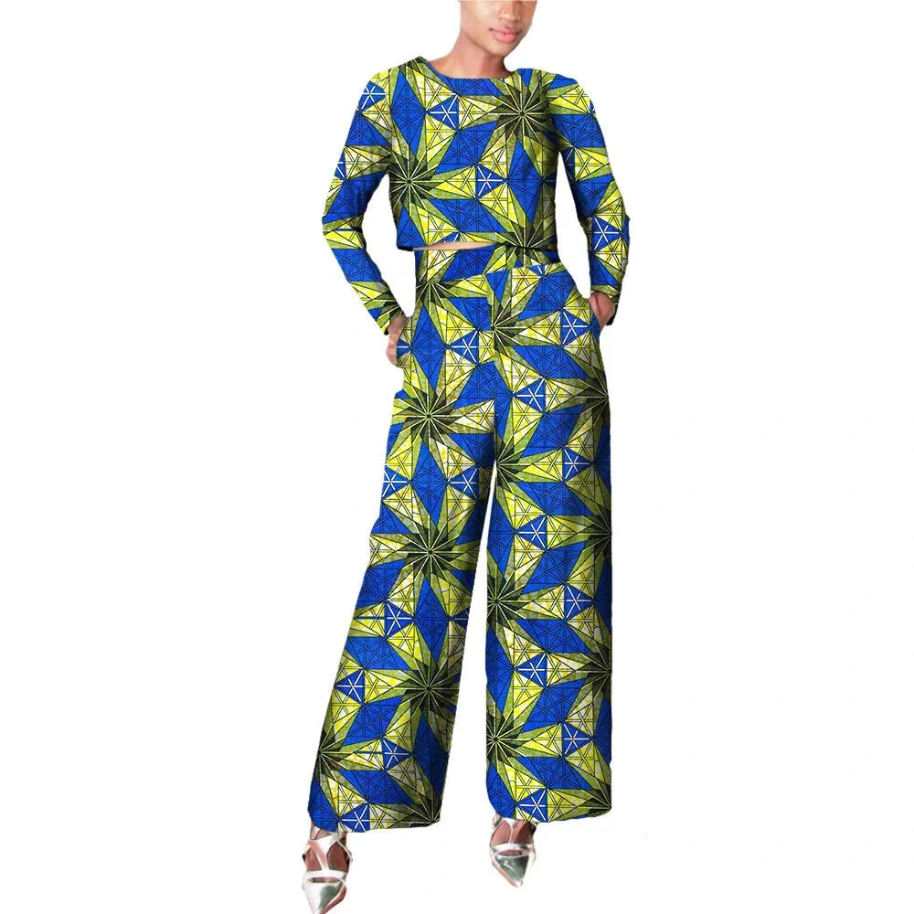 Damen Set aus gewachstem Baumwoll-Crop-Top mit langen Ärmeln und Hose mit weitem Bein