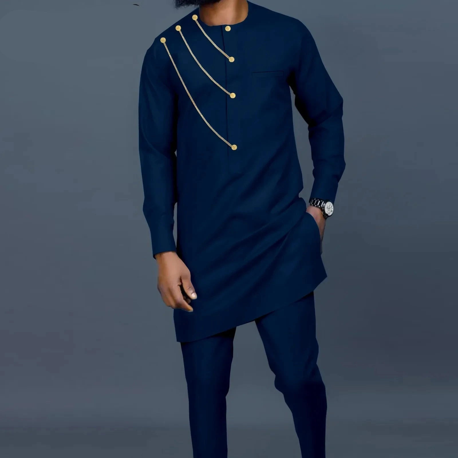 African Single Breasted Shirt with Chain Detail and Pants Men’s 2-Piece Bazin Riche Set