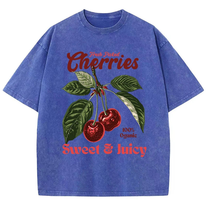 Fresh Picked Cherries gewaschenes Baumwoll-T-Shirt – Vintage-T-Shirt mit Obst-Grafik für Damen