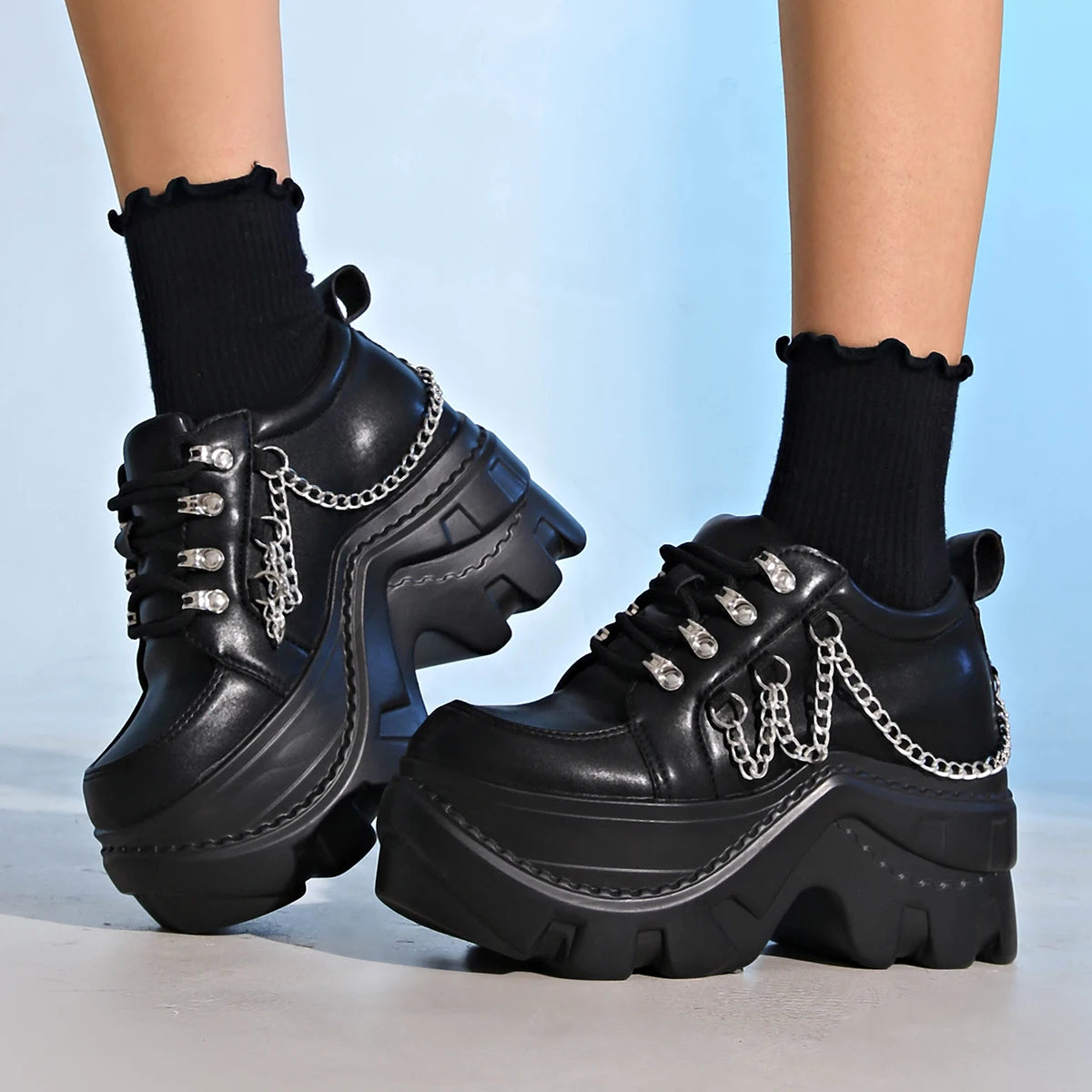 Women’s Gothic 8cm+ Chunky Sole Black Chain Platform Sneakers