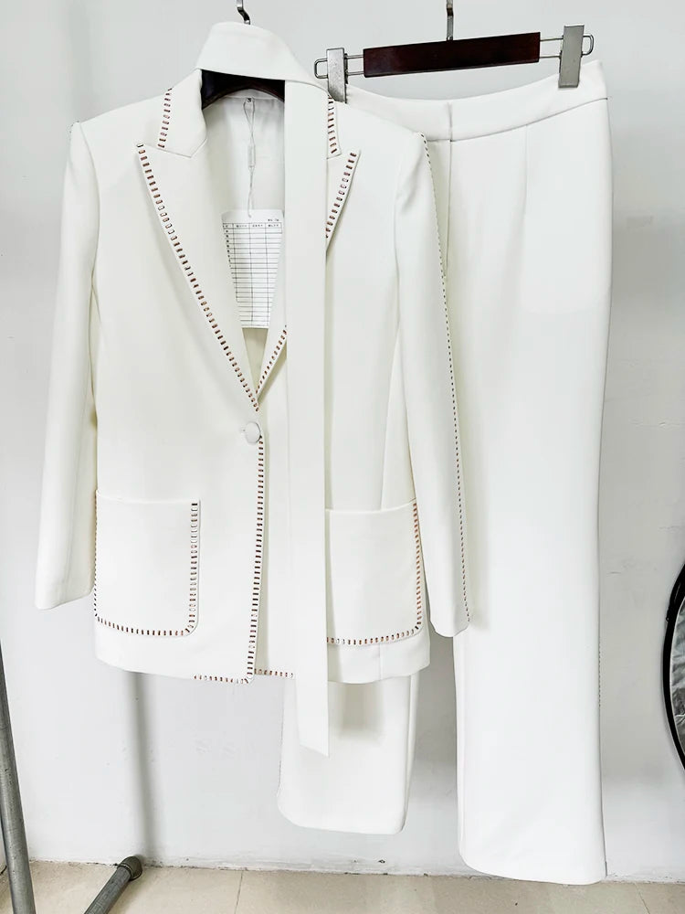 Damen Blazer mit Gürtel und einem Knopf & maßgeschneiderte Hose Perlenanzug-Set