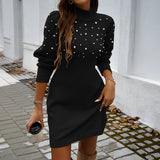 Women’s Pearl-Embellished Sweater Dress – Elegant Round Neck Long Sleeve Maxi