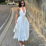 Women’s Sexy Backless Deep V-Neck Maxi Dress – Spliced Halter Sleeveless Dress