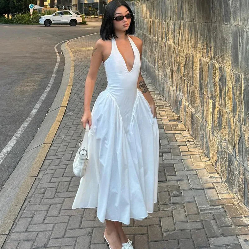 Women’s Sexy Backless Deep V-Neck Maxi Dress – Spliced Halter Sleeveless Dress