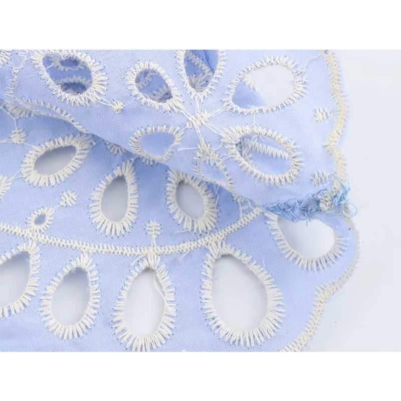 Women’s Blue Embroidery Hollow Out Shirt | Front Button Lapel Collar Blouse
