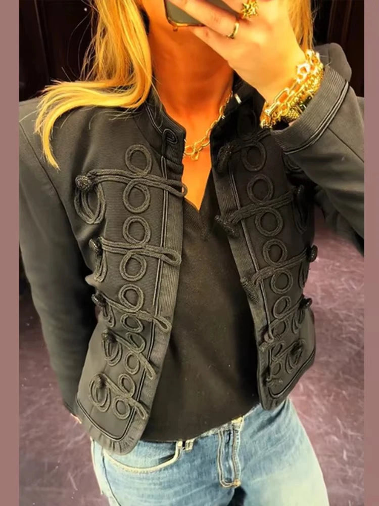 Napoleon Militärjacke für Damen – Blazer mit Strick-Patchwork und Knopfleiste