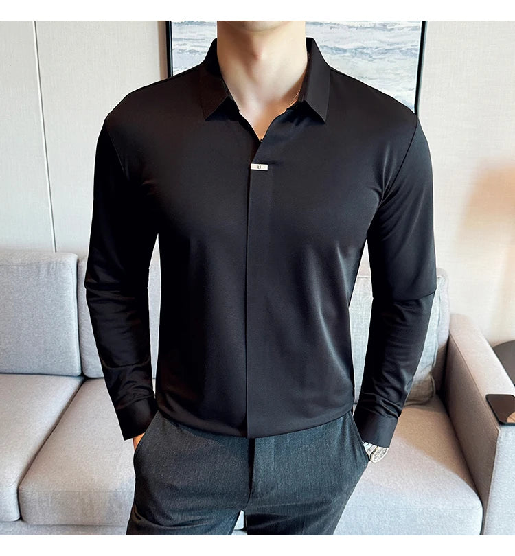 Men’s High Elastic V-neck POLO Shirt – Non-marking Seamless Long Sleeve T-shirt