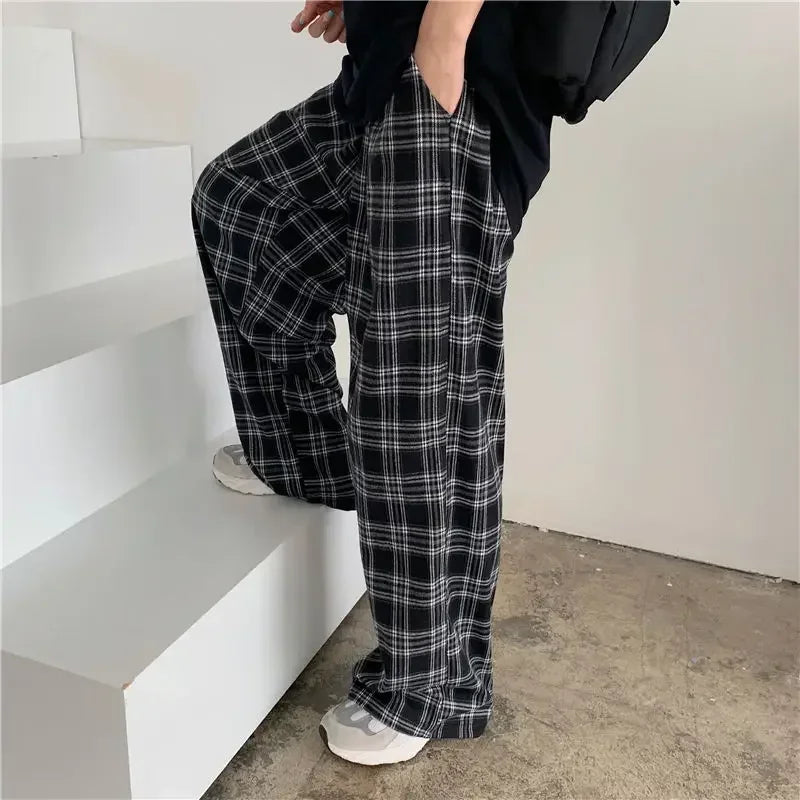 Unisex Schwarze Karierte Hose – Harajuku Hip-Hop Gerade Hose für Herren & Damen