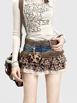 Harajuku Leopard Print Cake Skirt for Women | Y2K Low-Rise Ruffle Mini Skirt with Plush Keychain