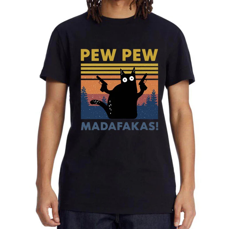 Baumwolle Kurzarm Pew Pew Madafakas Lustige Katze T-Shirt – Neuheit Grafik-T-Shirt für Herren