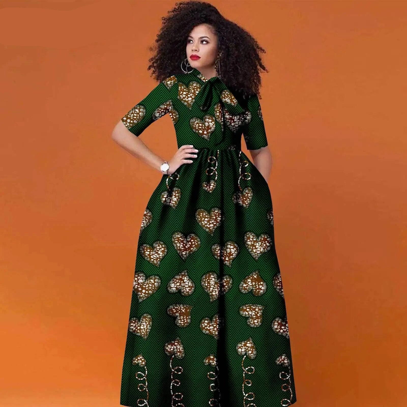 Afrikanisches Ankara Maxikleid für Damen | Halbarm High Waist Kleid mit traditionellem Print