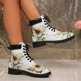 Damenbedruckte Schnürstiefeletten – Retro Runde Zehen Vintage Blumen Niedriger Absatz Chelsea Boots