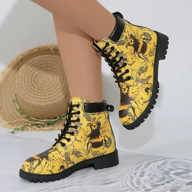 Damenbedruckte Schnürstiefeletten – Retro Runde Zehen Vintage Blumen Niedriger Absatz Chelsea Boots