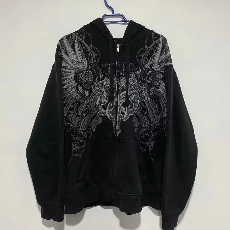Herren Y2K Gothic Oversized Kapuzenjacke mit Reißverschluss – Amerikanisches Mode-Muster-Print, Harajuku Hip Hop Kapuzenpullover