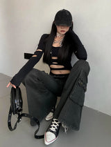Acubi Fashion Black Flare Jeans for Women | Retro Whiskers Low-Rise Cargo Pants