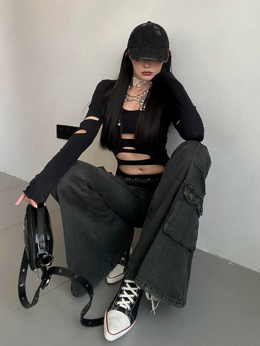 Acubi Fashion Black Flare Jeans for Women | Retro Whiskers Low-Rise Cargo Pants