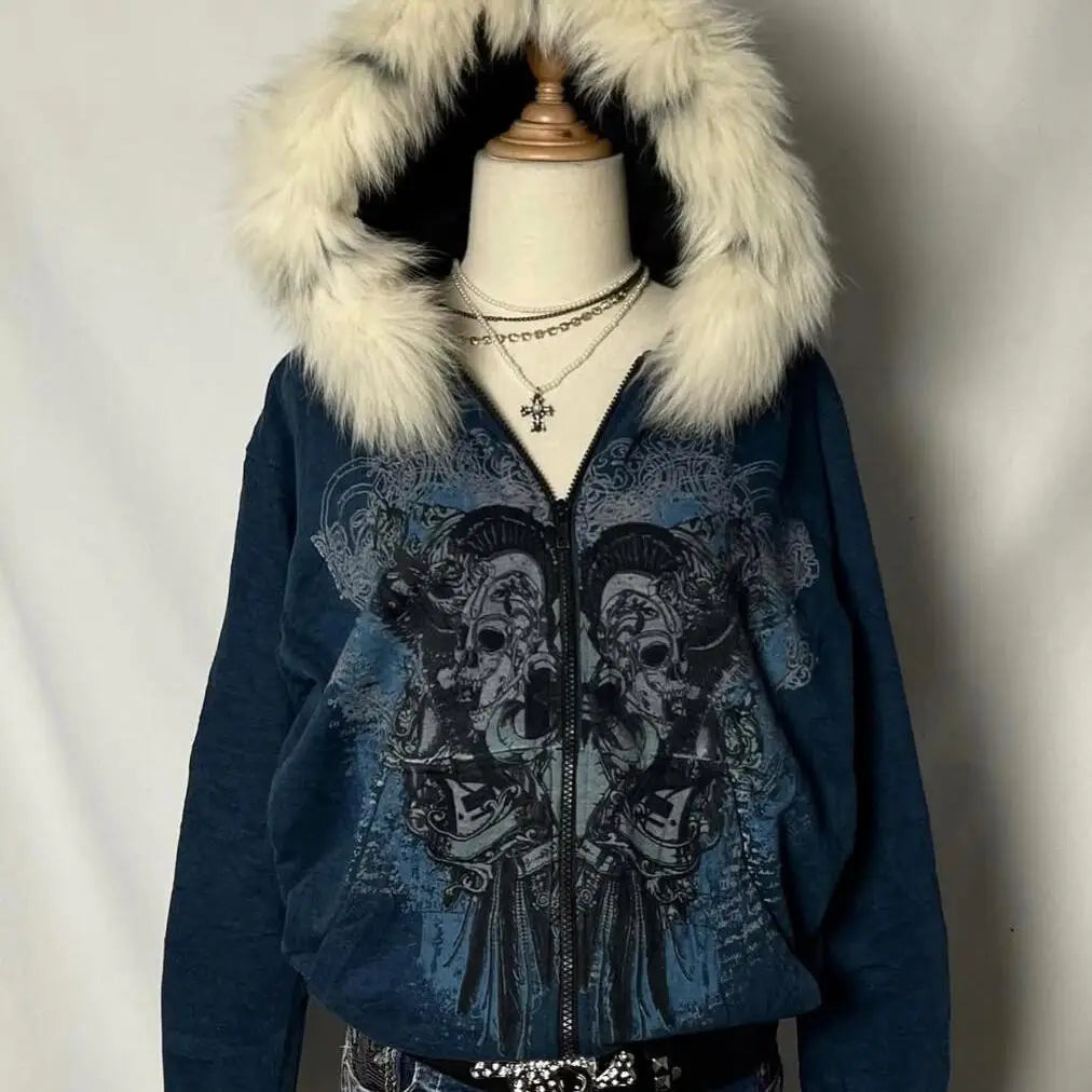 Vintage Y2K Hoodie mit Totenkopf-Print und Reißverschluss für Damen | Subkulturelle Ästhetik Kapuzen-Cardigan-Mantel | Herbst Winter Sweatshirt