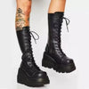 Women’s Black Gothic Platform Mid-Calf Flat Combat Motorcycle Boots