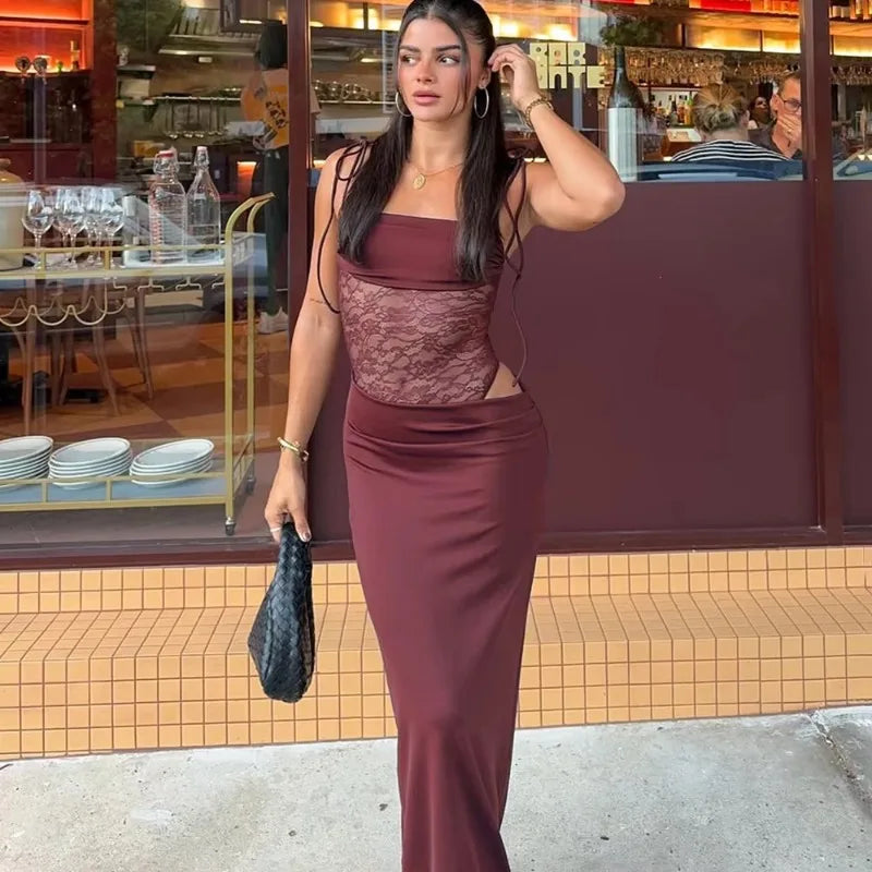 Women’s Spring Lace Long Dress – Sexy See-Through Spaghetti Strap Gown