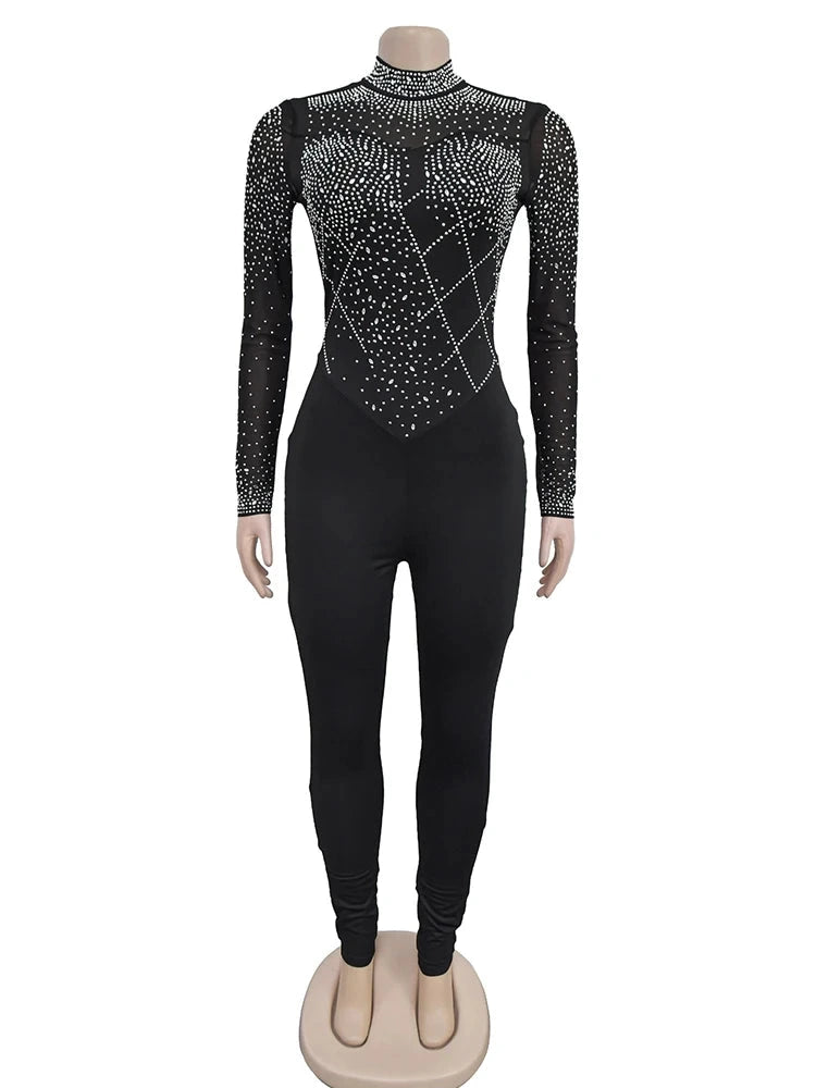 Sexy Black Mesh See-Through Jumpsuit – Sparkly Rhinestone Bodycon One Piece