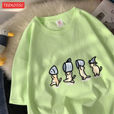 Cute Cats Holding Fish Cotton T-Shirt | Women's Funny Cartoon Graphic Tee