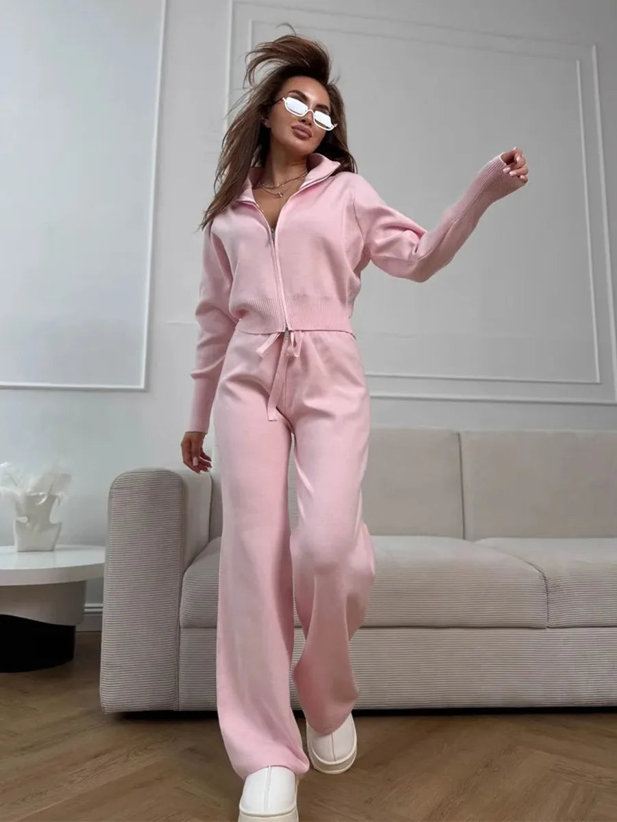 Women’s 2-Piece Ribbed Knit Lounge Set – Trendy Slim Fit Cardigan & Wide Leg Trousers
