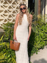 Women’s Backless Ruched Long Dress – Sexy Halter Lace-Up Maxi