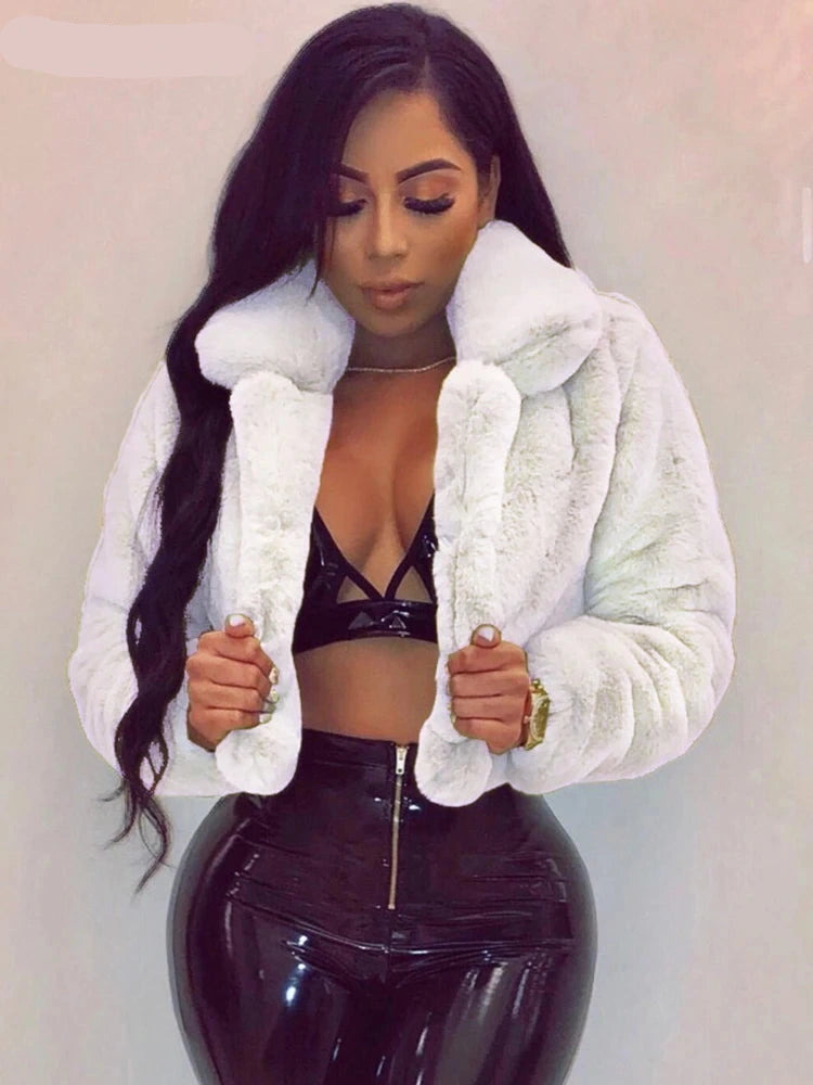 Women's Faux Fur Crop Jacket – Elegant Open Front Lapel Shaggy Fluffy Short Jacket